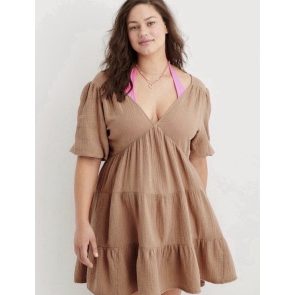 Aerie Tiered Mini Dress Large Crinkle V-Neck Puff Sleeves Sandy Tan Neutral